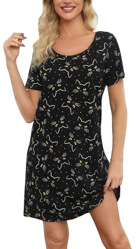 ENJOYNIGHT Camisón para mujer de verano, de algodón, con estampado, manga corta, camiseta, camiseta de dormir, ropa de noche, vestido de noche, multicolor, diseño de gato, M