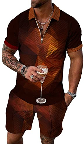 Osheoiso Homme Ensemble Short + Tee Shirt à Manches Courtes Imprimée Homme Sportswear 2 Pièce Sets Été Survêtement Jogging Hommes Mode Henry T-Shirt et Shorts Uniformes A 16 S
