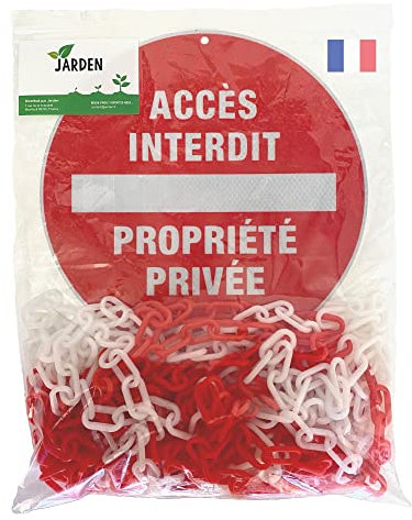 Jarden® Kit Panneau Propriété Privée 30cm + Chaîne 10m en Plastique Rouge et Blanc - Plaque Signalétique Ronde Perforée en Aluminium et Chaîne de Sécurité - Signalisation Durable Facile à Installer