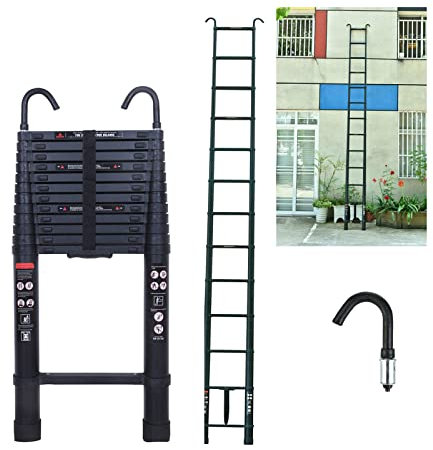 Échelle télescopique de 5 m - Multifonction - Avec crochet amovible - En aluminium - Antidérapante - Extensible - Robuste - Charge maximale : 150 kg - Noir