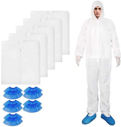 ETERNA Hazmat Suits- 5 Pack Disposable Protective Coveralls with Hood, Zipper, Elastic Wrists, Shoe Covers for Men & Women, Shield from Dirt, Dust, Paint (White, X-Large)