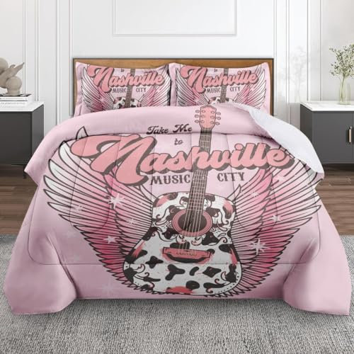 Nesphy Music City Country Kids Toddler Bedding Set for Girls Teens Bedroom Decor, Cowgirl Guitar Retro Comforter Set, Bedroom Quilted Duvet and 2 Pillow Shams (Full)