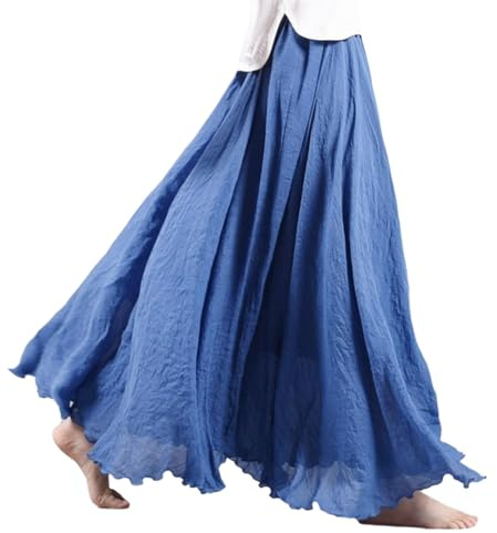 Beautyhis Falda bohemia de lino de algodón para mujer, falda larga de lino de verano para mujer, vestido acampanado con cintura elástica, faldas largas fluidas, azul vaquero, 36
