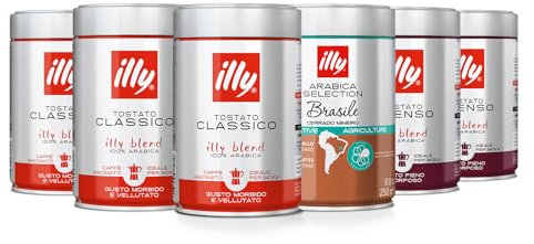 illy Caffè macinato moka 100% Arabica, barattoli da 250gr. - 3x tostato classico + 2x tostato intenso + 1x Arabica Selection Brasile Cerrado Mineiro