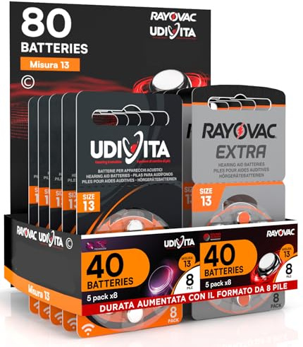 80 Pilas para Audífonos Medida 13 PR48 Naranjas Zinc Aire con Phono Pulse Technology 80 Baterías 40 Udivita + 40 Rayovac