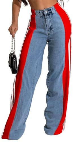 MGCPTN Straight Leg Jeans for Women 2025 Fashion Patchwork Color Block Trousers High Waist Denim Jean Blue Red XL