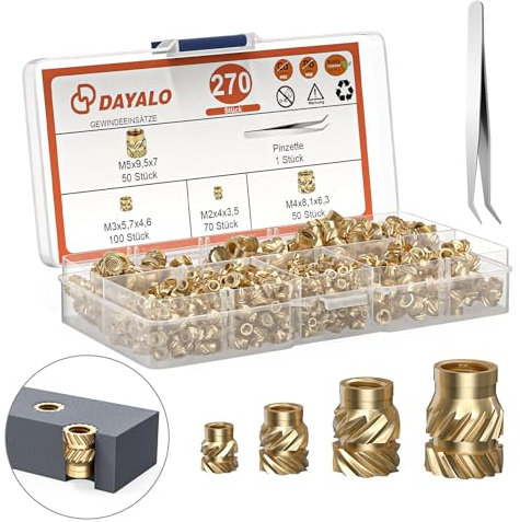 Dayalo 270 Stück Gewindeeinsatz, M2 M3 M4 M5 Einpressmuttern für 3D Druck Zubehör, Messing Gewindebuchsen, Durch Wärme in 3D-Druck-Teile aus Kunststoff Einsetzbar
