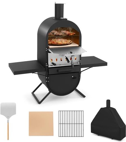 KOMFOTTEU Pizzaofen für Außenbereich, Pizzaofen 2 Schichten, Tragbarer Holzofen aus Edelstahl, max 400℃, Pizza Backofen mit Pizzastein Pizzaschaufel Grill Thermometer