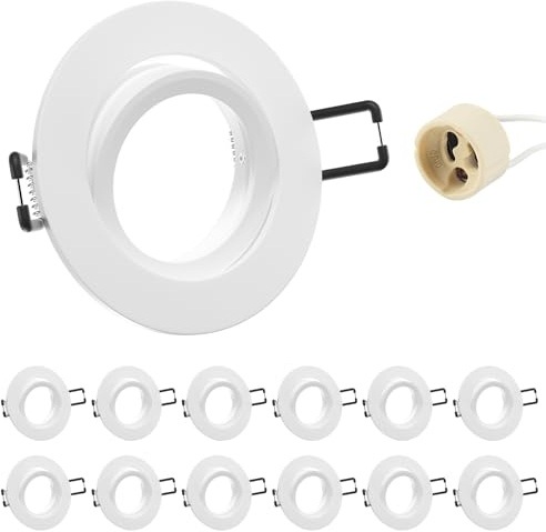 12x infälld spotlight GU10 aluminium, svängbar vit infälld spotfäste monteringsram med GU10-uttag, rund takspot 68 mm extra platt för LED, monteringshål ø60–75 mm