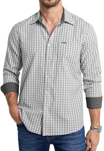 Enlision Chemise Homme Manches Longues Décontractée Chemise a Carreaux Homme Gris Coupe Droite avec Poche de Business Affaires L