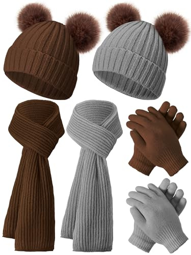 JaGely 2 Sets Kids Hat Gloves Scarf Winter Set for Girls and Boys Knit Hat with Pom Warm Scarf Snow Gloves for 3-10 Years Toddler(Camel, Medium Grey)