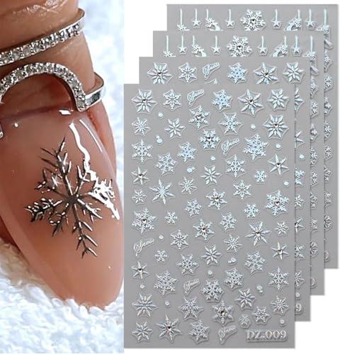 Muorruo 4 Pack of Christmas Snowflake Nail Art Stickers, Winter Snowflake Nail Stickers with Crystal Snowflake Christmas Nail Design, Diamond Christmas Nail Stickers