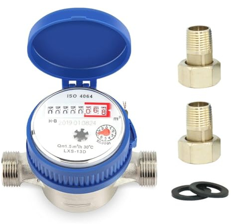 Medidor de agua para jardín de 1/2 pulgadas, calibrado en frío, contador de grifo de 15 mm con accesorios de montaje y cubierta protectora, contador de agua fría para el hogar con puntero y pantalla