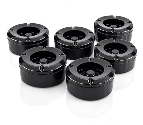 MC-Trend Set di 6 posacenere antivento neri con coperchio, per esterni, in melamina, per balcone, giardino, terrazza, gastronomia, con bruciatore di braci, svitabili, diametro 10 cm
