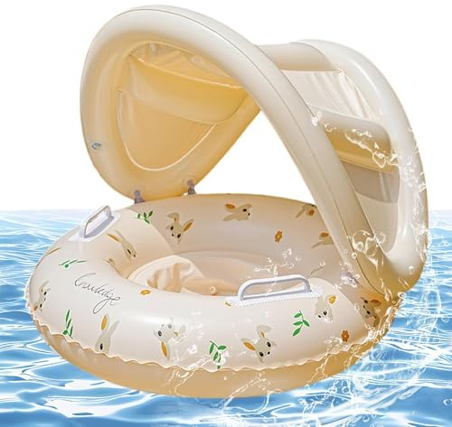CHIBIWER Flotador De Piscina para Bebe con Toldo, 55x52cm Flotador Bebe Inflable, Protección Solar Antivuelco con Asiento Y Respaldo para Juegos De Verano Al Aire Libre