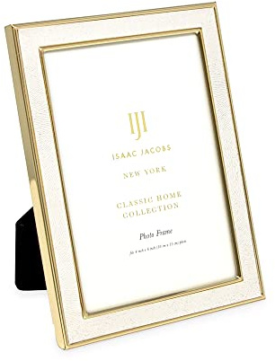 Isaac Jacobs 4x6 White Textured Leather (Vertical & Horizontal) & Gold Metal Picture Frame, with Black Fabric Easel, Wall-Mountable, Made for Tabletop, Home or Office (4x6, White W/ Gold)