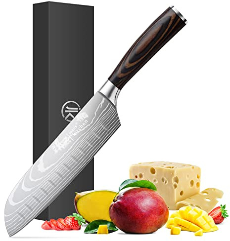 joeji's Kitchen Couteau Santoku acier inoxydable couteau hachoir manche ergonomique en pakkawood couteau tranchant comme un rasoir coupes