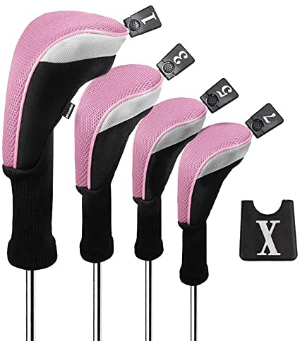 Andux Ensemble de Couvre-tête en Bois pour Clubs de Golf 460cc, Long Cou, Paquet de 4 Rose