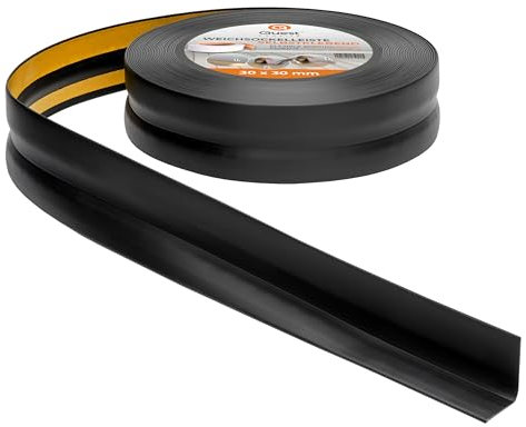 Quest Battiscopa Morbido Adesivo - 30 mm x 30 mm - Finitura Flessibile, Listello in PVC, Profilo Angolare per Cucina, Bagno, Parete, Pavimento - Decorativo, Resistente ai raggi UV (Nero, 10m)