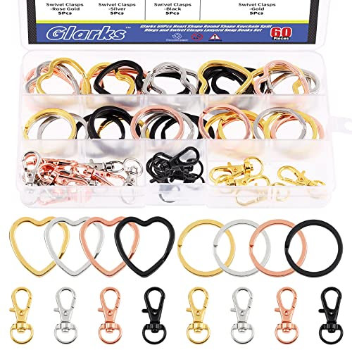 Glarks 60Pcs flacher Schlüsselanhänger Ring Kit, 4-Farben kreative Herzform und runde Form Schlüsselanhänger Split Schlüsselringe mit Drehverschlüssen Lanyard Snap Hook für Auto Home
