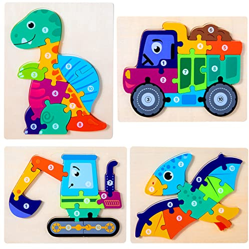 HUADADA Toddler Toys Puzzles for 2 3 4 Year Olds Kids Dinosaur Jigsaw Animals Number Shape Puzzle Gifts for Children Toddler Puzzles Boy Girls Learning Educational Toys(4 Pack)