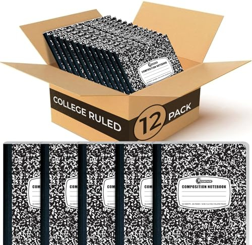 Rosmonde 12 Pack Composition Notebook College Ruled Bulk, 200 Pages (100 Sheets), 9-3/4 x 7-1/2, Hard Cover College Ruled Notebook Bulk, Black Marble Composition Notebook College Ruled, Bulk Notebooks