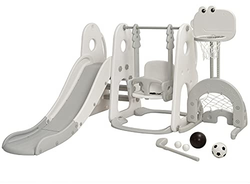 COSTWAY 6 en 1 Toboggan Enfants en Forme Dinosaure avec Balançoire & Panier de Basketball Réglable, Aire de Jeu avec But de Football & Golf, Jeu Intérieur Extérieur pour Enfants de 3-8 Ans…
