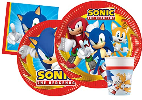 Kit Vaisselle de Fête Sonic Modern pour 24 personnes (112 pcs: 24 assiettes Ø23cm, 24 assiettes Ø20cm, 24 gobelets 200ml, 40 serviettes 33x33cm), Bleu, Rouge
