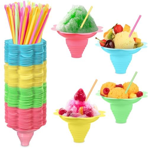 Boao 490 Pieces 5oz Colorful Flower Snow Cone Cups with Spoon Straws, Plastic Shaved Ice Reusable Snow Cone Bowls Supply Shaved, Snack, Ice Cream for Summer, Holiday, Party, Cookout