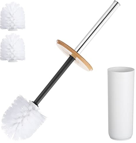 KEESIN WC Bürste,Toilettenbürste WC Bürste Set mit Aufbewahrungseimer und 3 Bürstenköpfe Bambus Kunststoff Toilettenbürste für dekoratives Badezimmerzubehör(Weiß)