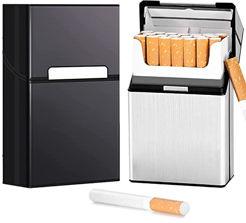 LiRiQi Étui à Cigarettes, 2 Pcs Boite a Cigarettes Homme Porte Cigarette Femme en Aluminium, Etui Paquet Cigarette, Paquet de Cigarettes Fermeture Aimantée pour 20 cigarettes (Noir + Argent)