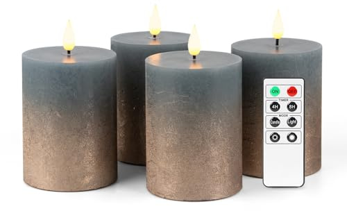 Fanna Flameless LED Pillar Candles with Timer for Wreath, Battery Operated Rustic Wax Candles with Remote for Christmas, 8 Batteries Included - Set of 4 (D 7.5cm x H 10cm) - Misty Blue/Copper