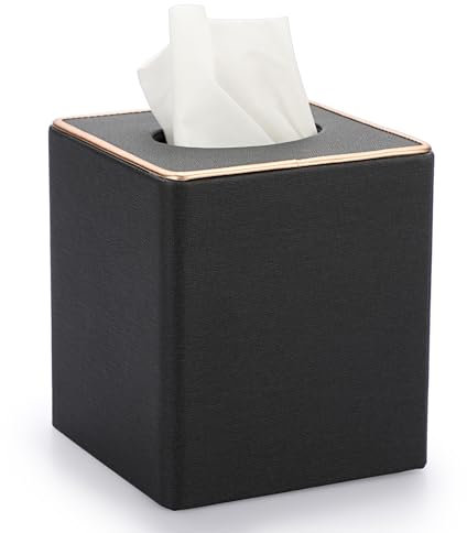 BTSKY Household Square Linen Tissue Box with Decorative Gold Line - Cube Tissue Paper Holder Tissue Cover Holder Tissue Storage Organizer Tissue Dispenser Case Napkin Box, Black