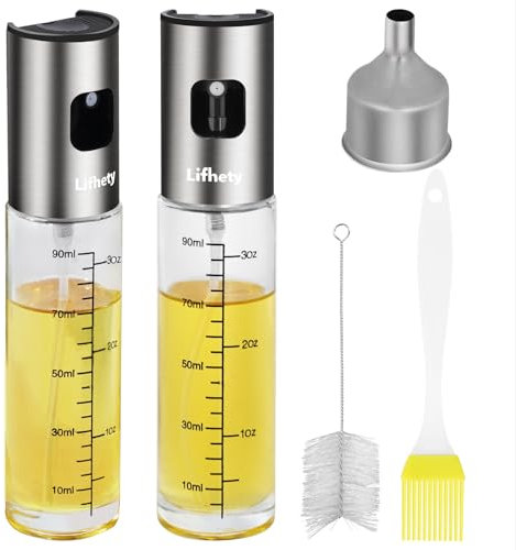 Lifhety Oil Spray Bottle 2 Pack, 100ml Olive Oil Sprayer for Cooking Air Fryer, Kitchen, Glass Oil Dispenser Leakproof with Large Funnel