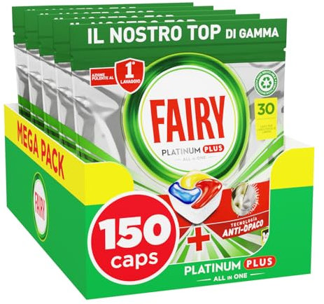 Fairy Platinum Plus Pastiglie Lavastoviglie, 150 Capsule, Limone, Detersivo Con Tecnologia Anti-Opaco, Contro Grasso e Incrostazioni Ostinate Anche nei Cicli Brevi