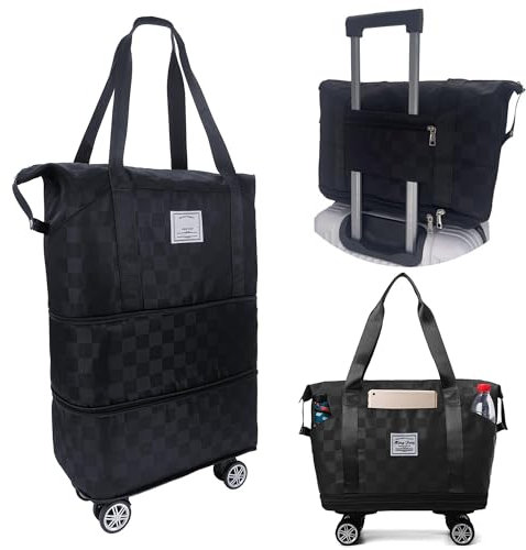 Reisetasche mit Rollen, Faltbare Reisetasche mit großer Kapazität, Erweiterbar Handgepäck mit Abnehmbar Rollen Damen Weekender Tasche Travel Handgepäck mit Nassfach für Sport Fitness Reisen (Schwarz)