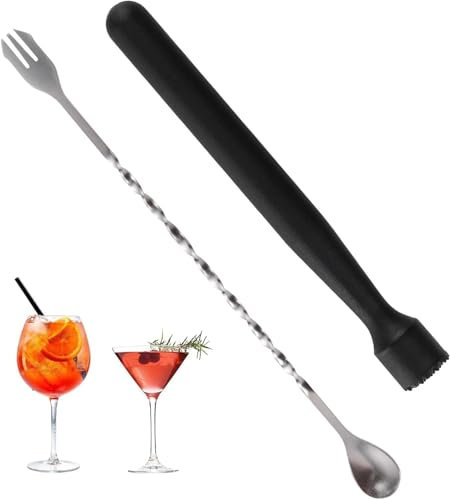 Set di pestello da cocktail in acciaio inox e cucchiaio da bar – Kit cocktail per cocktail miscelazione, schiacciare cubetti di ghiaccio, Mojito cucina bar ristorante