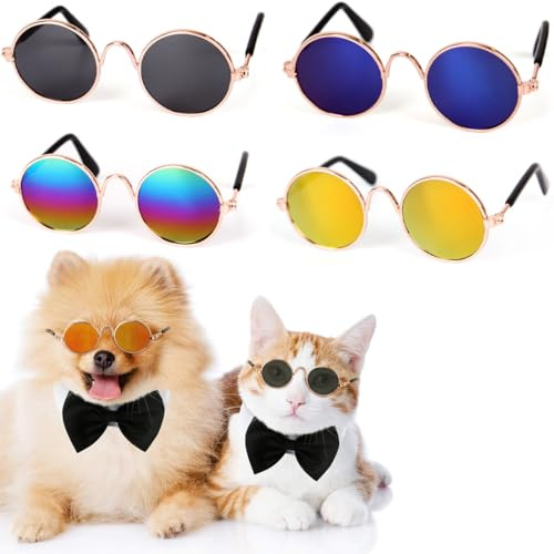 XYTAHDM 4 Pcs Gafas de Sol para Mascotas– protección UV para Gatos clásicos Retro para Perro pequeño Gafas de Sol para Mascotas, Gafas de Sol Redondas para Fiestas Cosplay