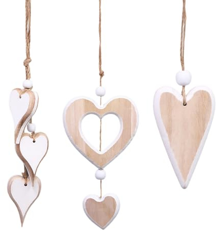 3PCS Corazones de Madera Colgantes - Decoración Corazón de Madera para Ventanas, Bodas, Fiestas y Paredes - Colgantes de Madera Natural