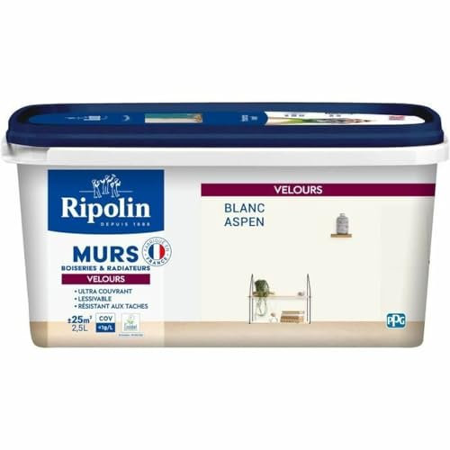 RIPOLIN - Peinture Intérieure Multi-Supports – Murs, Boiseries & Radiateurs – Ultra couvrante - Monocouche - Confort d'application - Aspect Velours - Blanc Aspen - 2,5L