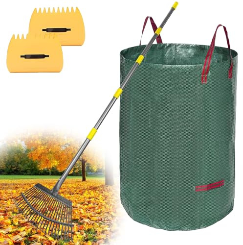 Rastrillo, 238cm Juego de Rastrillos de Hojas Ajustable - con 32 Galones Sacos para Hojas y 2 Palas para Hojas, Rastrillo de Jardín con 45cm Gran Superficie para Limpiar Plantas, Césped y Patio.