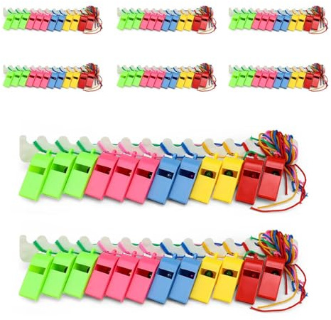 LNSYSNS 96 Pièces Sifflets, Sifflet en Plastique PS Sifflet-Enfant, Coloré Sifflet-Arbitre, avec Cordon, Lot de Sifflet, pour Le Sport, Les Activités en Extérieur et Les Jeux