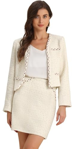Allegra K Trajes de Tweed a Cuadros para Mujer Conjuntos de Falda y Chaqueta Tipo Blazer Corta con Frente Abierto Blanco S