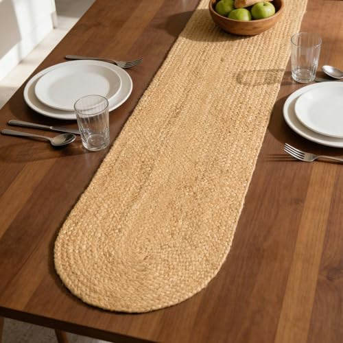 Encasa XO bordslöpare | Jute handgjord stil | Storlek 30 x 137 cm | jute naturlig blekfärg | för kaffe och mittbord