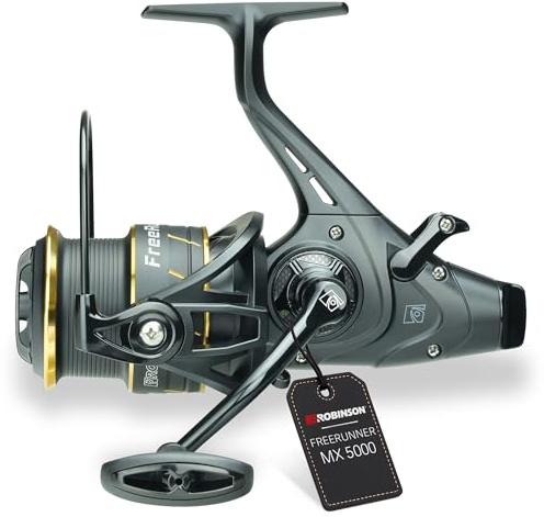 Robinson Angelrolle mit Freilauf - 6 Kugellagern - Verstärktem Getriebe und Rohr-Schnurfangbügel - CNC-Alu-Kurbel -10kg Bremskraft - Freerunner (5000)