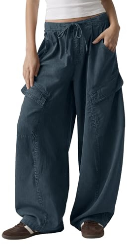 Fisoew, pantaloni da donna stile Baggy Y2K, con vita elastica, cargo con coulisse e tasche, pantaloni casual a gamba larga, grigio., XXL