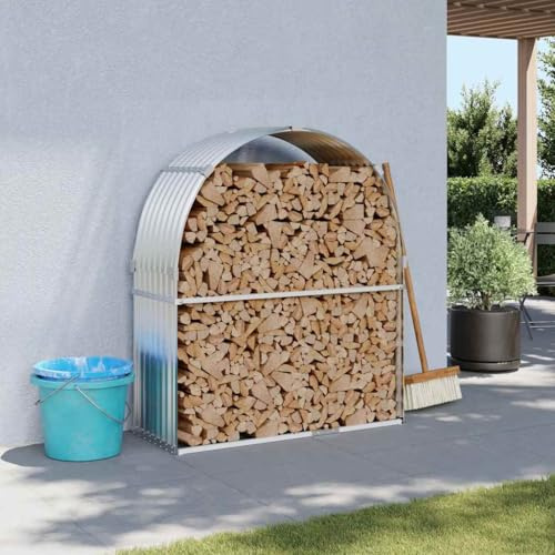 Runheo Soporte para leña de chimenea de acero galvanizado plateado, 120 x 45 x 140 cm, resistente estantería para leña con 2 ganchos para jardín, terraza, balcón, almacenamiento al aire libre y ayuda