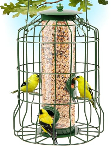 Squirrel Proof Bird Feeder for Outdoors Hanging (Metal Green) | 4 Ports, Chew-Proof & Weather Resistant Backyard Bird Feeder Gift, Garden Yard Decoration (10.25 x 6.25 x 6.25 in)