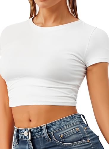 Re Tech UK - Women's Basic Ladies Short Sleeve Stretchy Crop Tops for Women, Slim Fit Crew Neck, Cropped T Shirt, Summer, Cute, Tshirt, Sizes 8-14 (S/M 8-10, White)