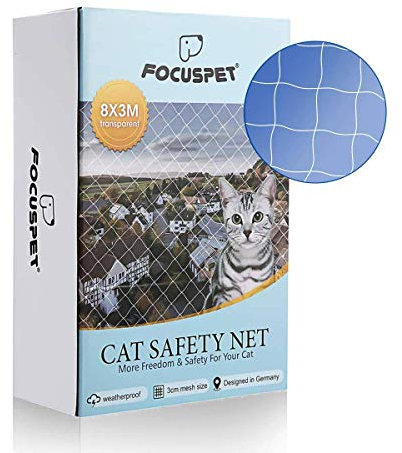 Focuspet Katzennetz, 8x3 M Katzennetz Transparent Katzengitter Balkon Katzenschutznetz Schutznetz Balkonnetz Katzennetz für Balkon Inkl. Haken, Dübel, Kabelbinder und 25m Befestigungsseil